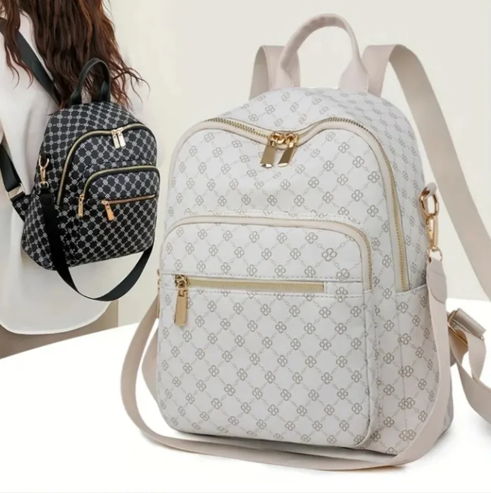 NEW White Geometric Stylish Anti-Theft Backpack with Adjustable Straps - Picture 2 of 5